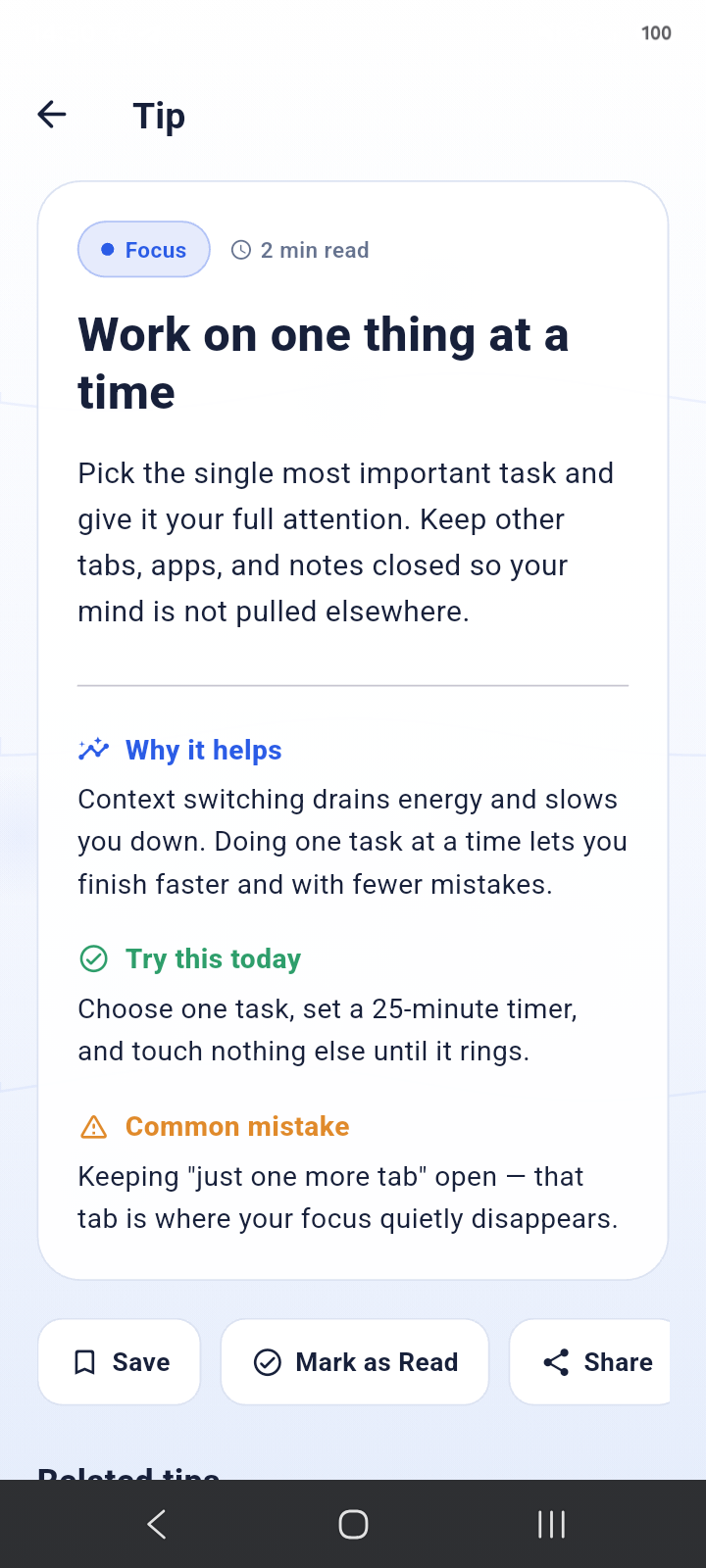 White Productivity Guide tip detail screen